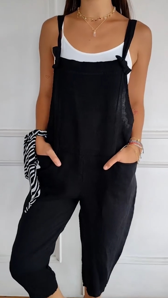 Solid Color Casual Linen Pocket Jumpsuit