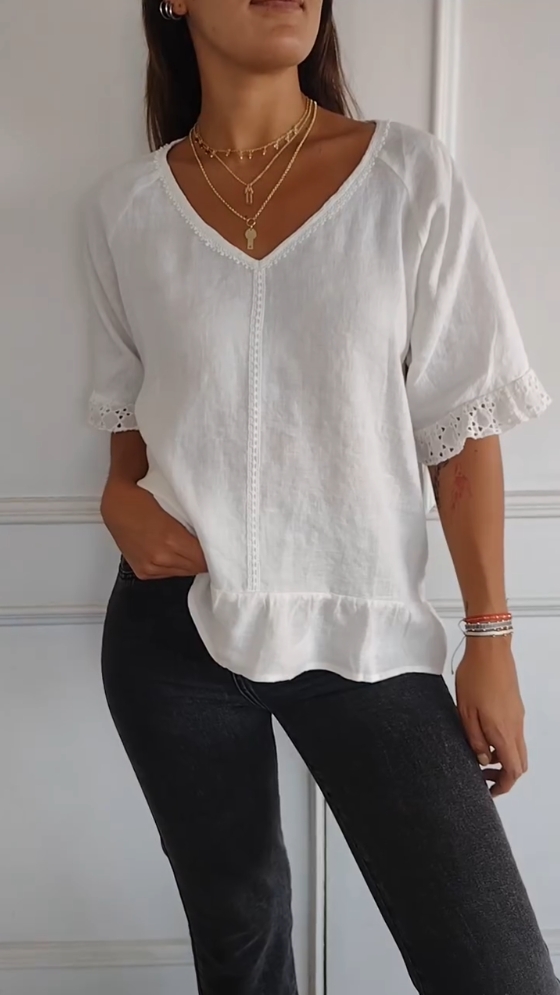 V-neck lace cuffs cotton and linen short-sleeved shirt