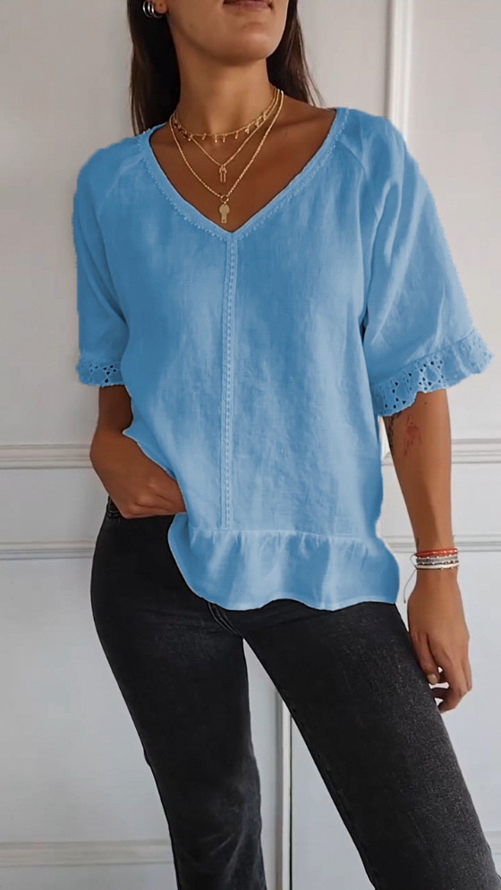 V-neck lace cuffs cotton and linen short-sleeved shirt