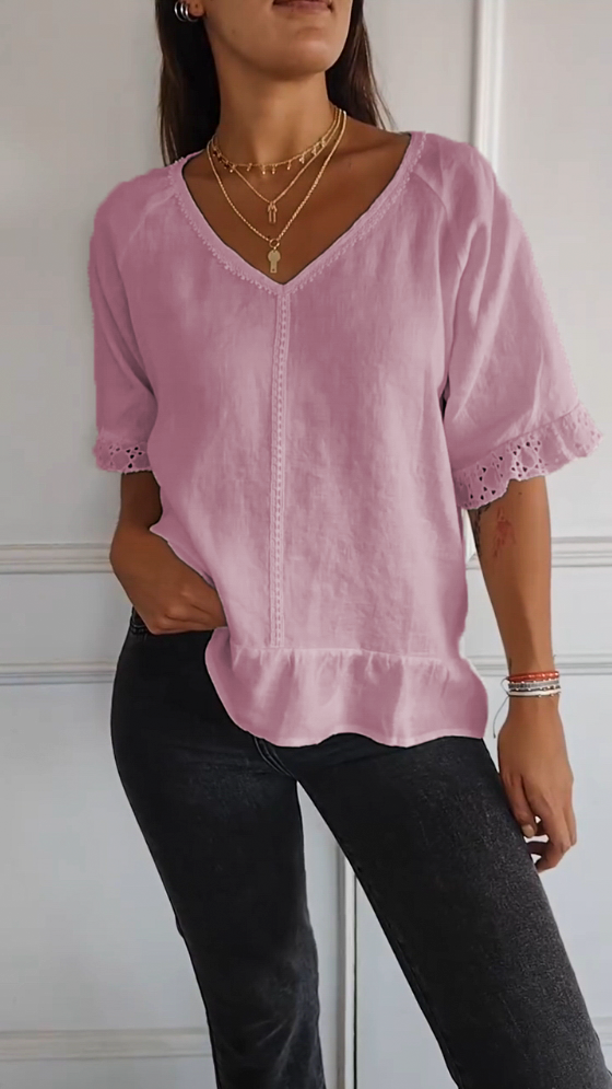 V-neck lace cuffs cotton and linen short-sleeved shirt