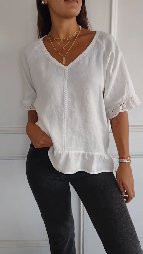 V-neck lace cuffs cotton and linen short-sleeved shirt