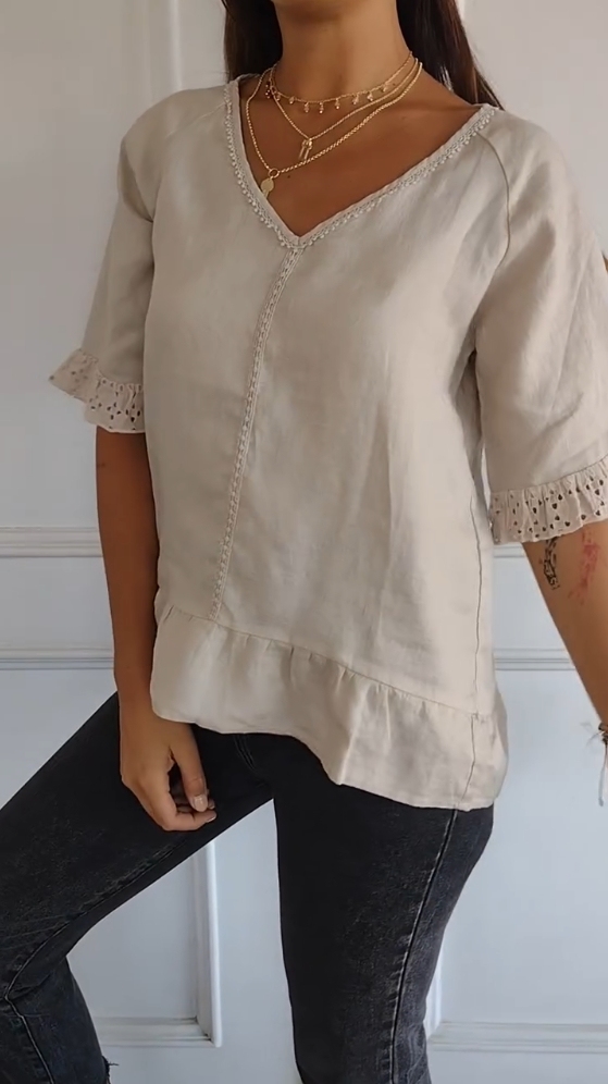 V-neck lace cuffs cotton and linen short-sleeved shirt