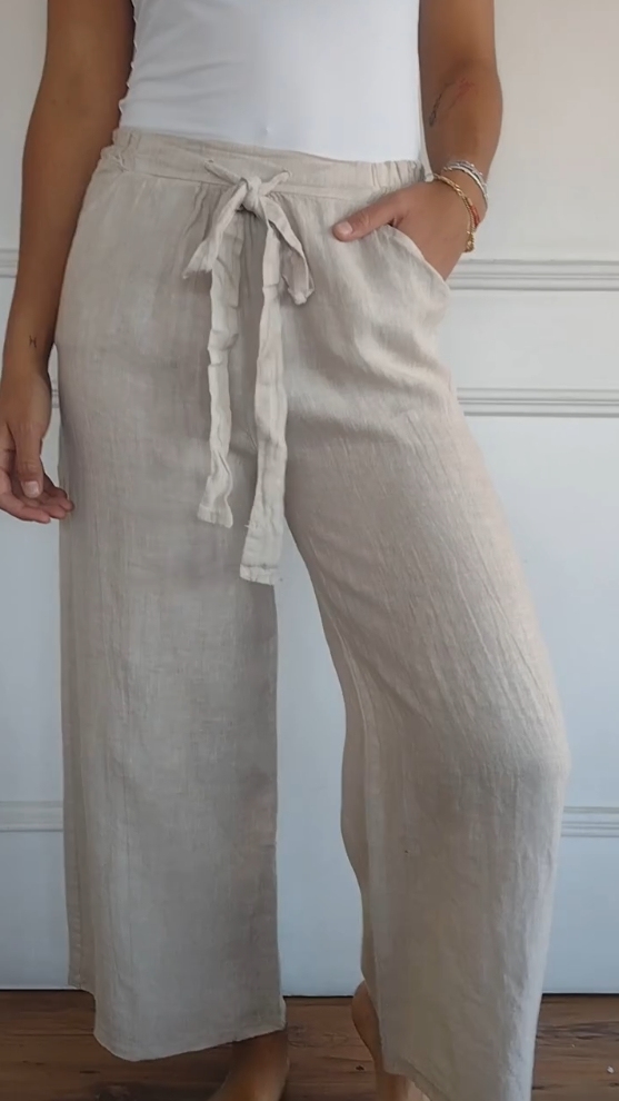Cotton and Linen Solid Color Elastic Waist Trousers