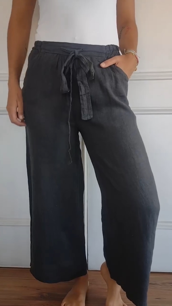 Cotton and Linen Solid Color Elastic Waist Trousers