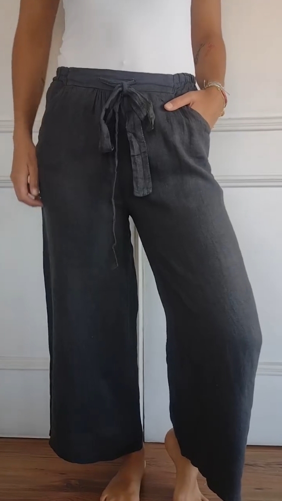 Cotton and Linen Solid Color Elastic Waist Trousers