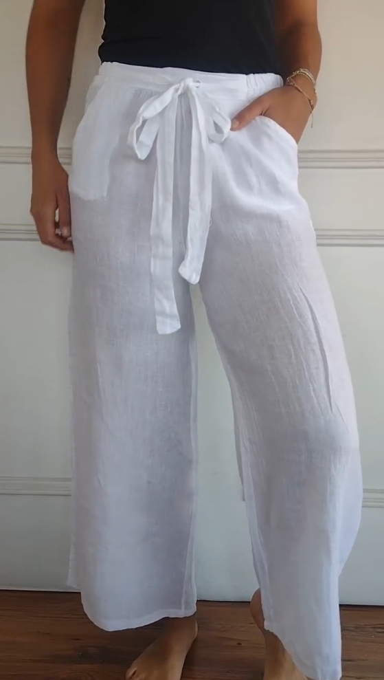 Cotton and Linen Solid Color Elastic Waist Trousers
