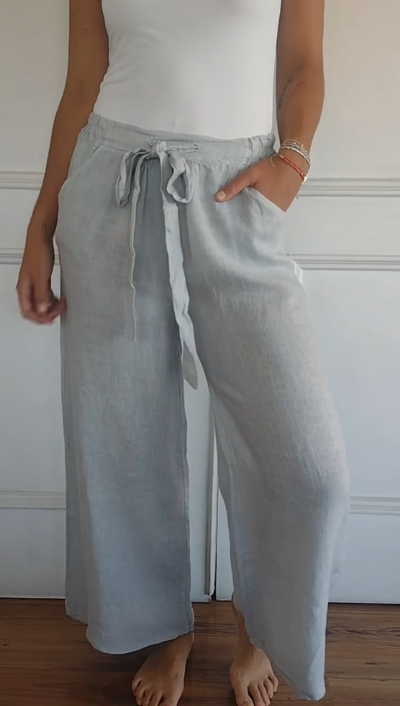 Cotton and Linen Solid Color Elastic Waist Trousers