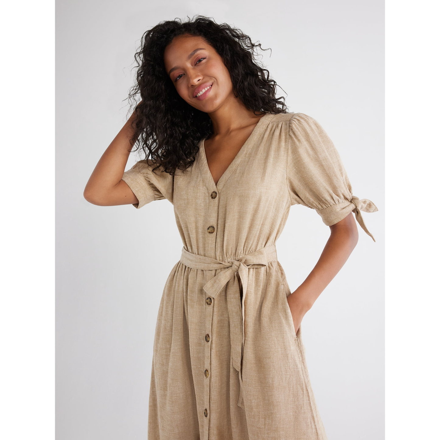 Women Tie Sleeve Linen Blend Midi Dress