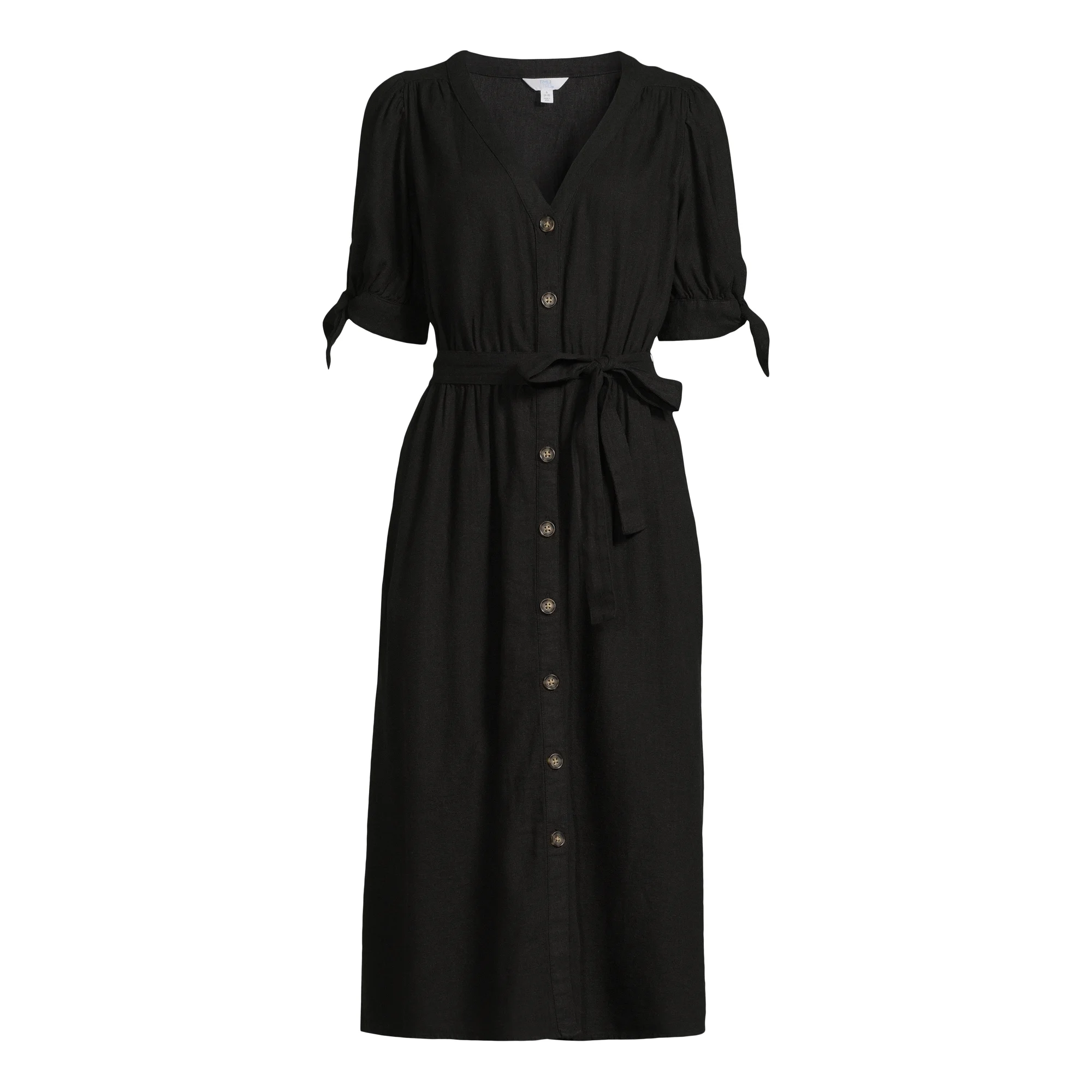 Women Tie Sleeve Linen Blend Midi Dress