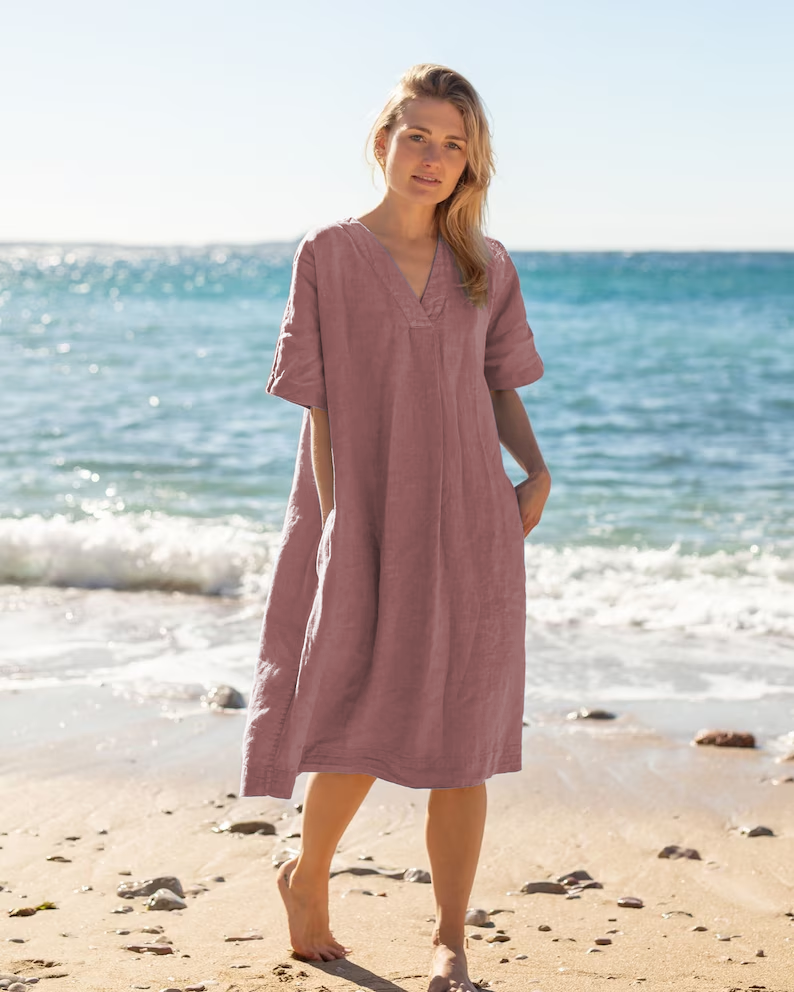 Linen Dress, Women's Linen Summer Dress, Mid sleeve dress