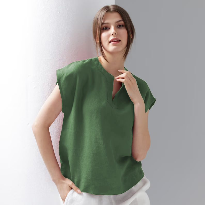 Short Sleeve Linen Top | Linen Blouse | Split Neckline Blouse | Relaxed Fit