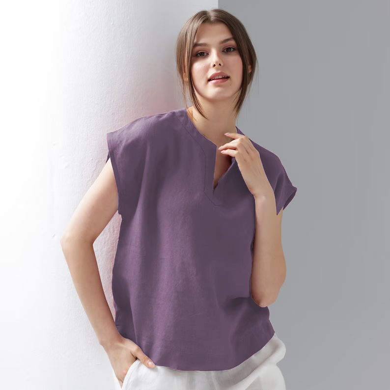 Short Sleeve Linen Top | Linen Blouse | Split Neckline Blouse | Relaxed Fit