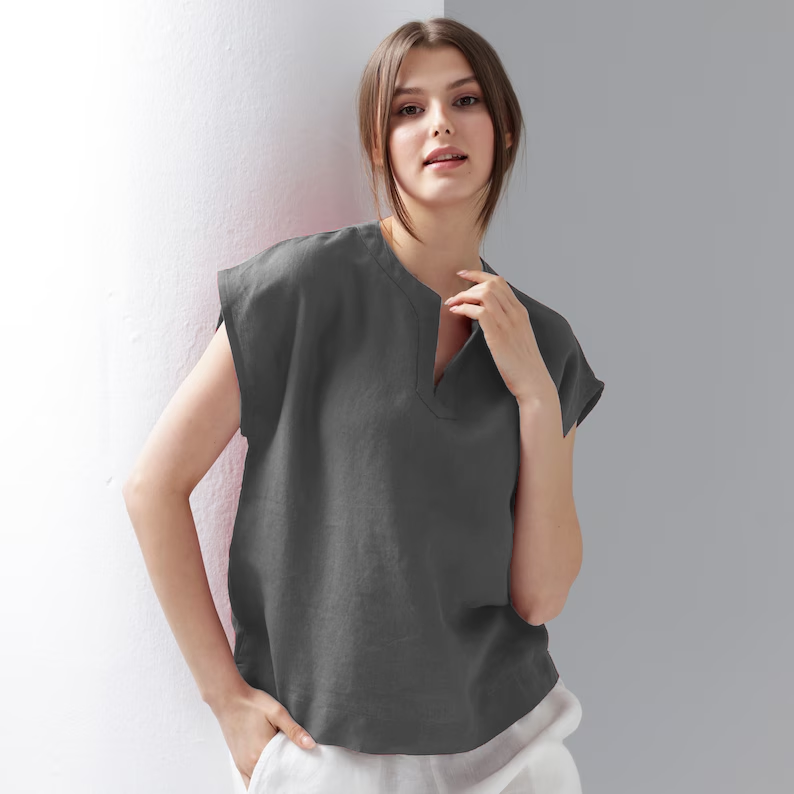 Short Sleeve Linen Top | Linen Blouse | Split Neckline Blouse | Relaxed Fit