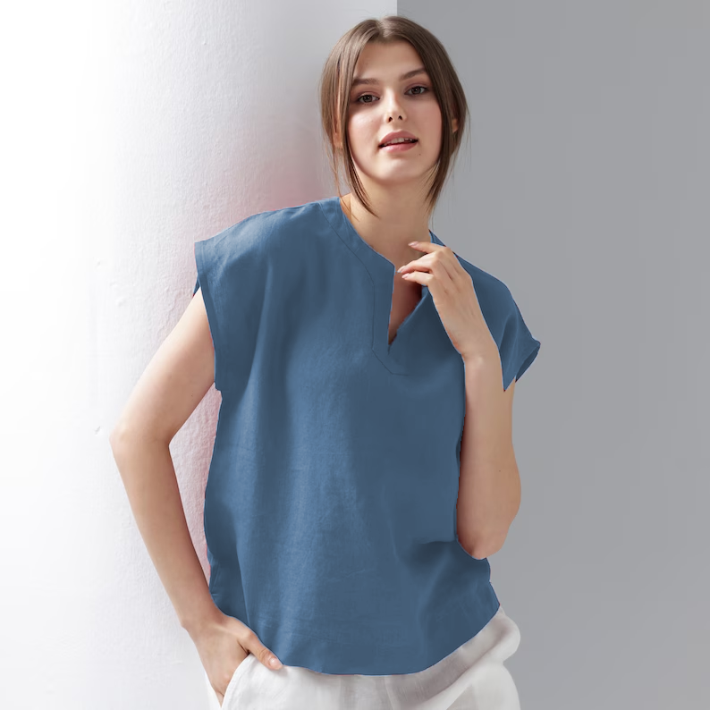 Short Sleeve Linen Top | Linen Blouse | Split Neckline Blouse | Relaxed Fit