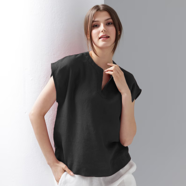 Short Sleeve Linen Top | Linen Blouse | Split Neckline Blouse | Relaxed Fit
