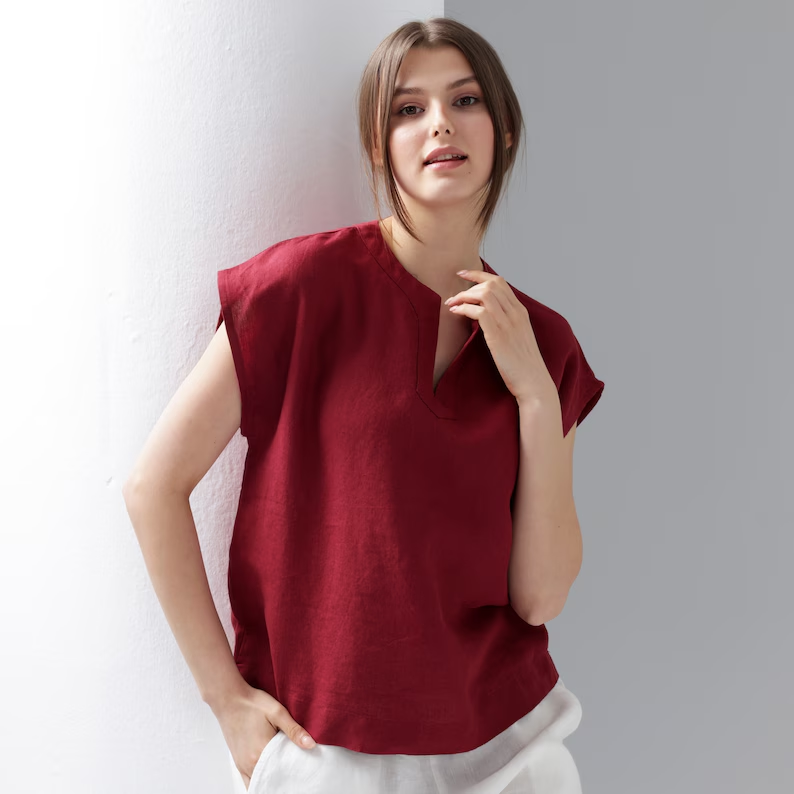 Short Sleeve Linen Top | Linen Blouse | Split Neckline Blouse | Relaxed Fit