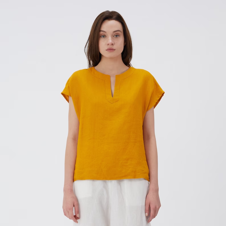 Short Sleeve Linen Top | Linen Blouse | Split Neckline Blouse | Relaxe