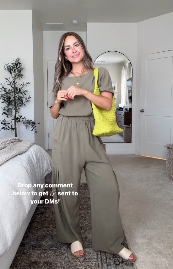 Comfortable breathable cotton and linen short-sleeved/wide-leg jumpsuit