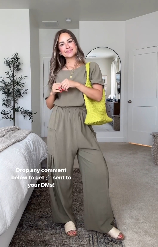 Comfortable breathable cotton and linen short-sleeved/wide-leg jumpsuit