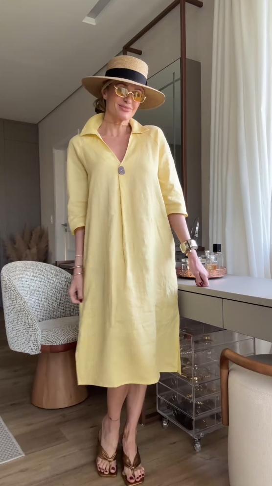 Ladies cotton and linen short sleeve lapel dress