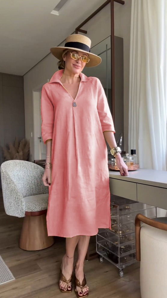 Ladies cotton and linen short sleeve lapel dress