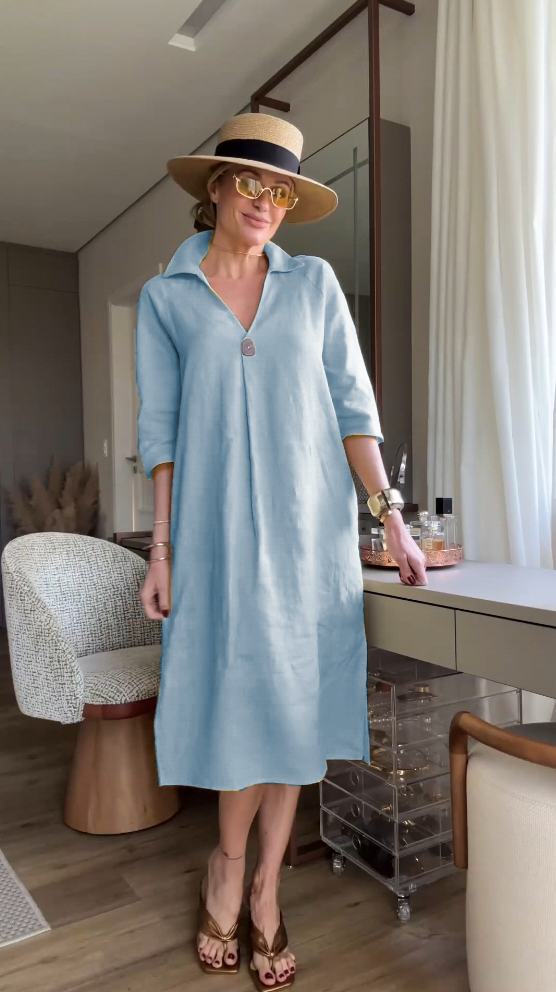 Ladies cotton and linen short sleeve lapel dress
