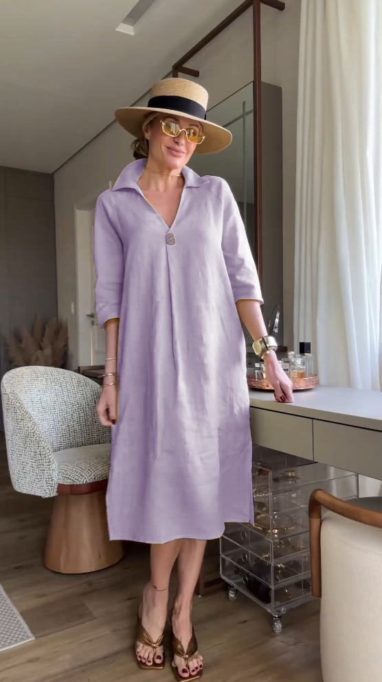 Ladies cotton and linen short sleeve lapel dress