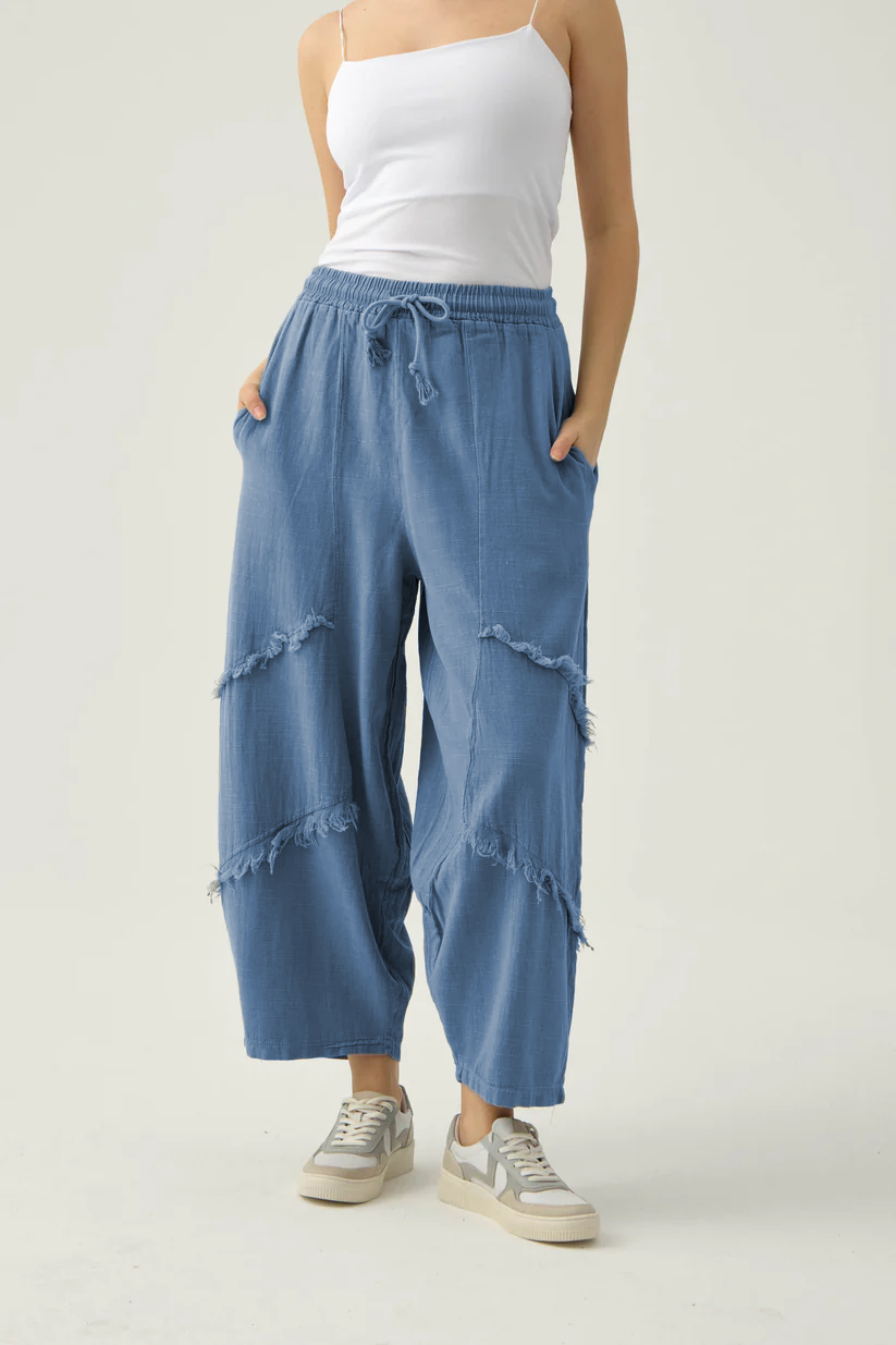 Tassel loose cotton and linen casual wide-leg pants