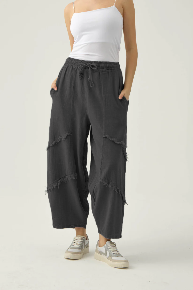 Tassel loose cotton and linen casual wide-leg pants