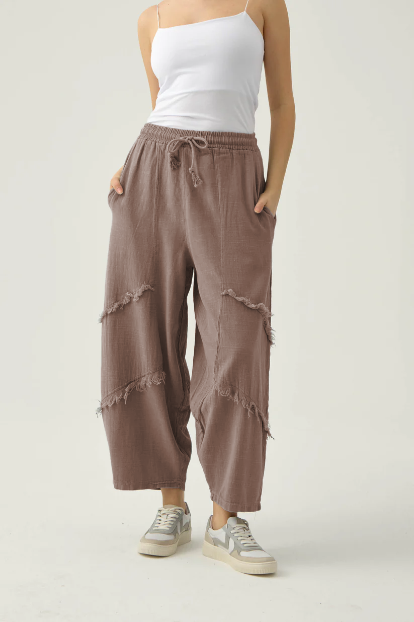 Tassel loose cotton and linen casual wide-leg pants