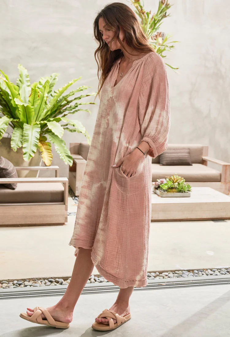 Blue River Print Gauze Dress with Pockets
