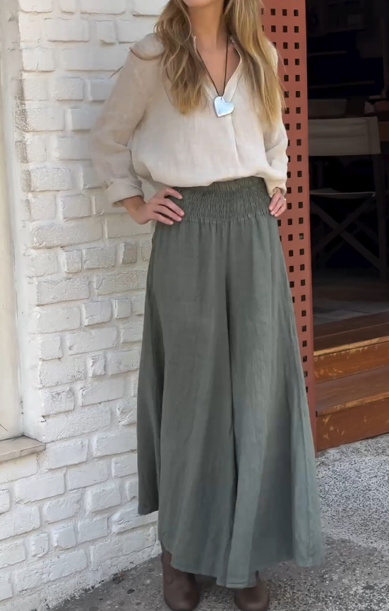 Cotton and linen solid color loose top + elastic waist wide-leg trousers