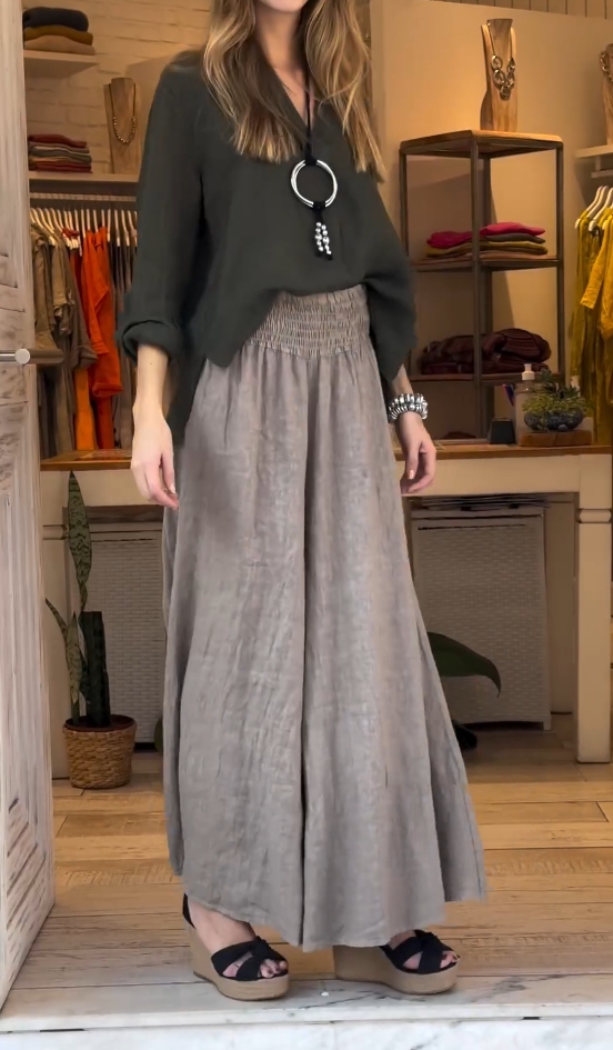 Cotton and linen solid color loose top + elastic waist wide-leg trousers