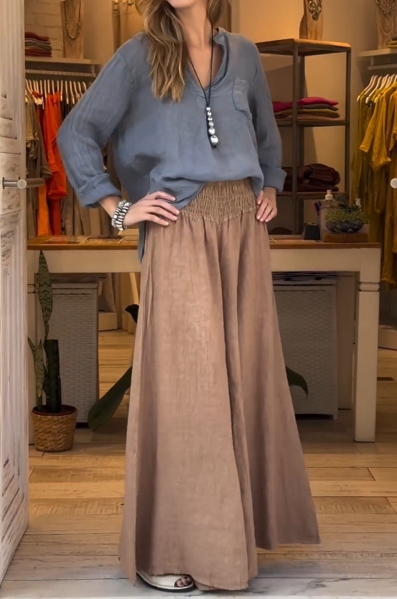 Cotton and linen solid color loose top + elastic waist wide-leg trousers