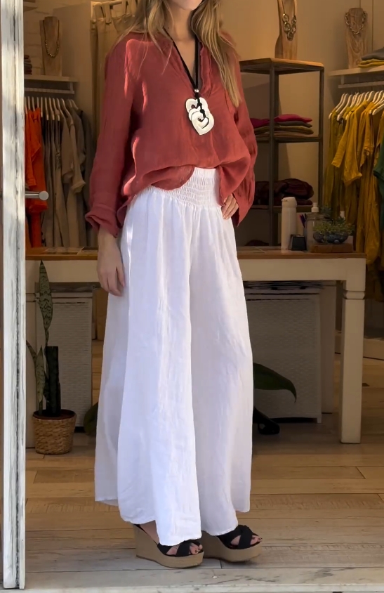 Cotton and linen solid color loose top + elastic waist wide-leg trousers