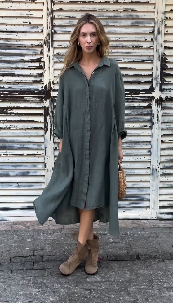 Cotton and Linen Solid Color Long Sleeve Shirt Dress