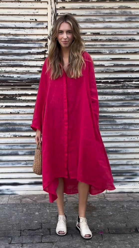 Cotton and Linen Solid Color Long Sleeve Shirt Dress