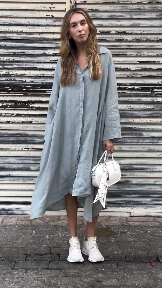 Cotton and Linen Solid Color Long Sleeve Shirt Dress