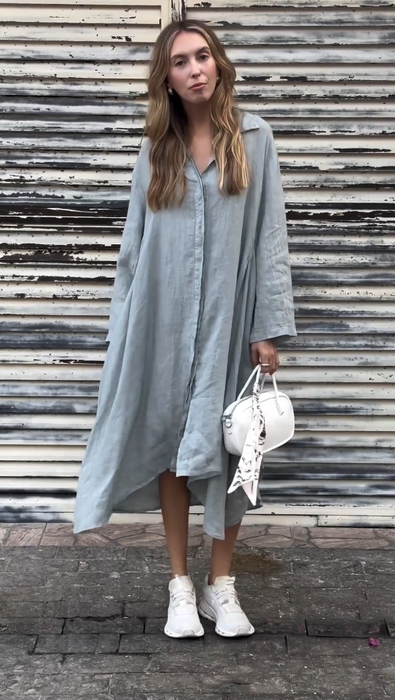 Cotton and Linen Solid Color Long Sleeve Shirt Dress