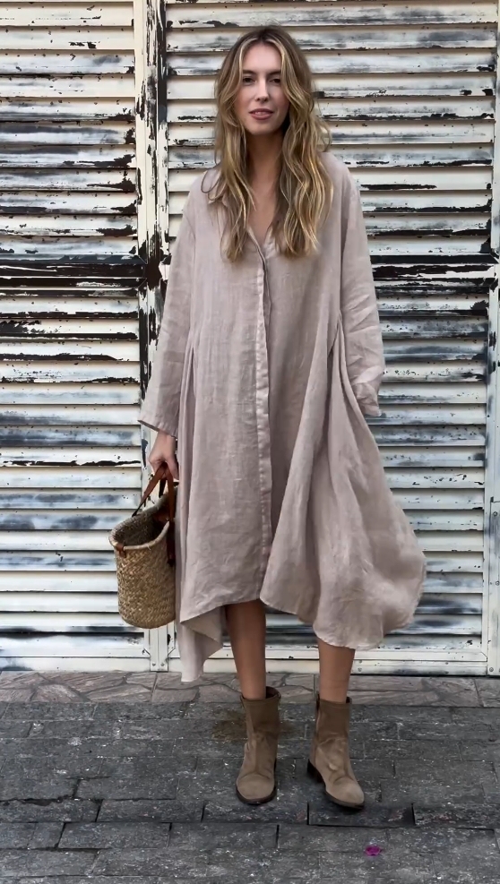 Cotton and Linen Solid Color Long Sleeve Shirt Dress