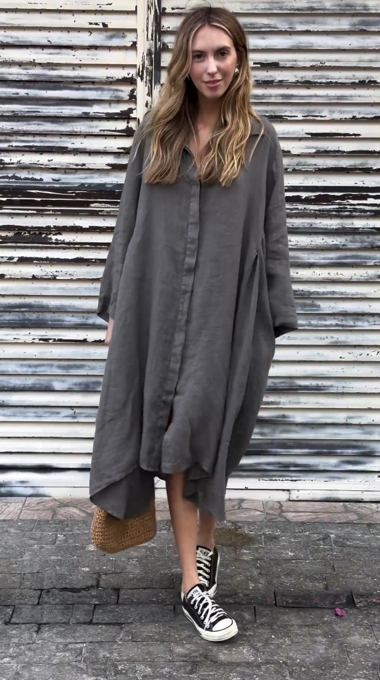 Cotton and Linen Solid Color Long Sleeve Shirt Dress