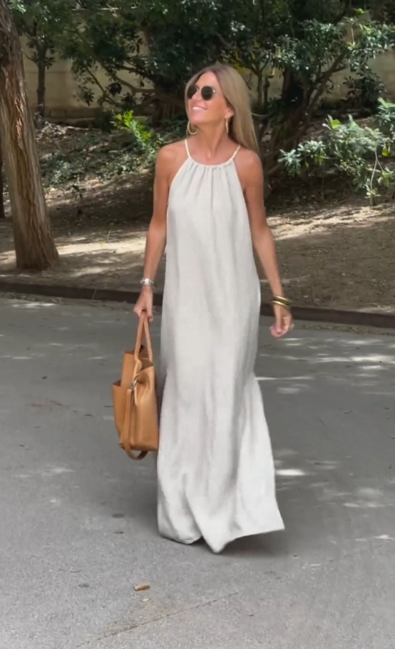Cotton and Linen Halter Neck Slit Dress