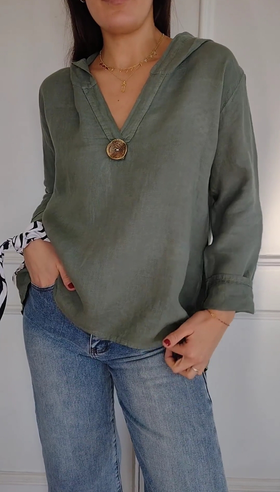 Cotton and Linen V-Neck Button Hooded Long Sleeve Shirt(Buy 2get free shipping)