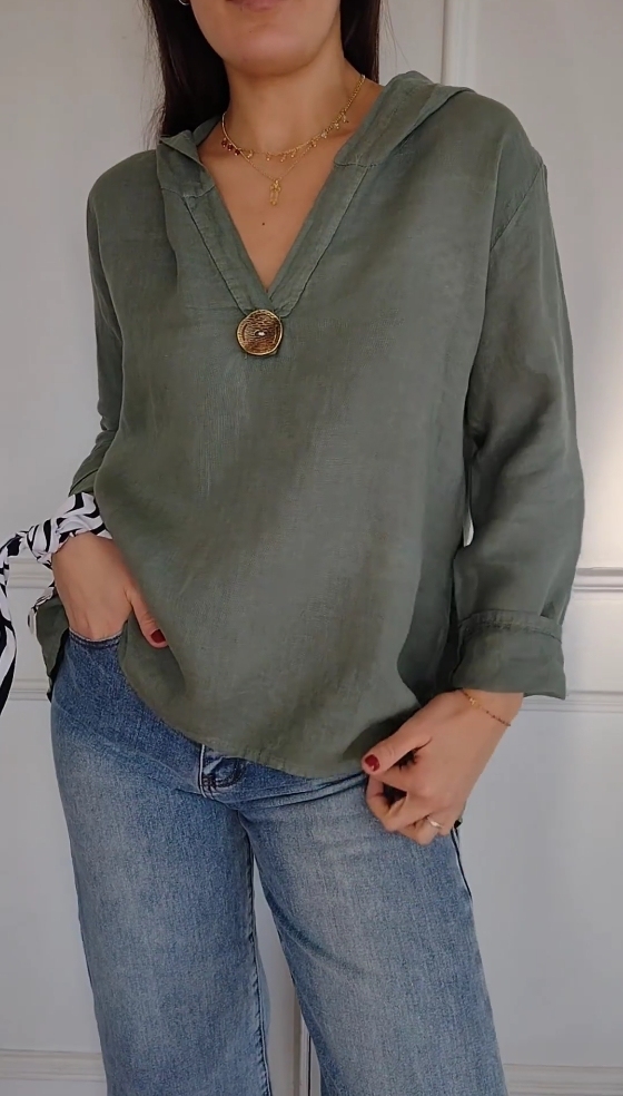 Cotton and Linen V-Neck Button Hooded Long Sleeve Shirt(Buy 2get free shipping)
