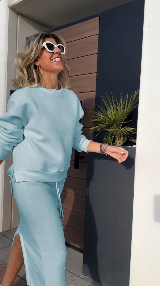 Basic solid color sweatshirt suit long sleeves +back slit skirt