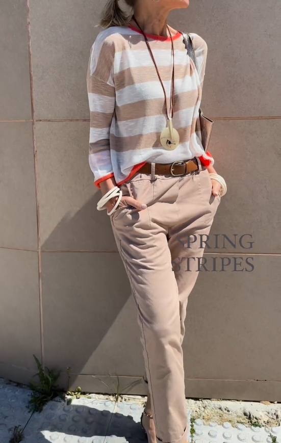 Striped crew neck long sleeve thin top