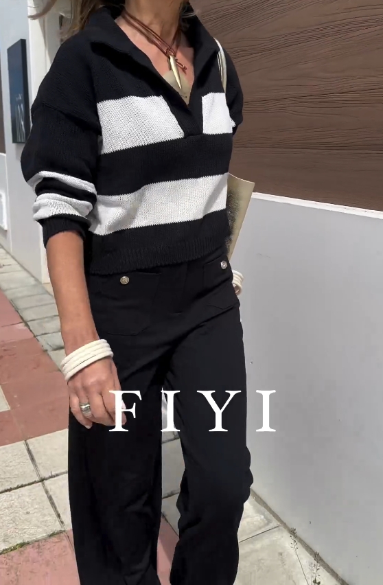 Lapel Striped Cropped Long Sleeve Sweater