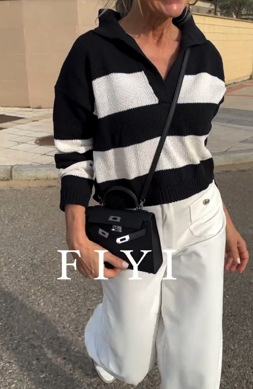 Lapel Striped Cropped Long Sleeve Sweater