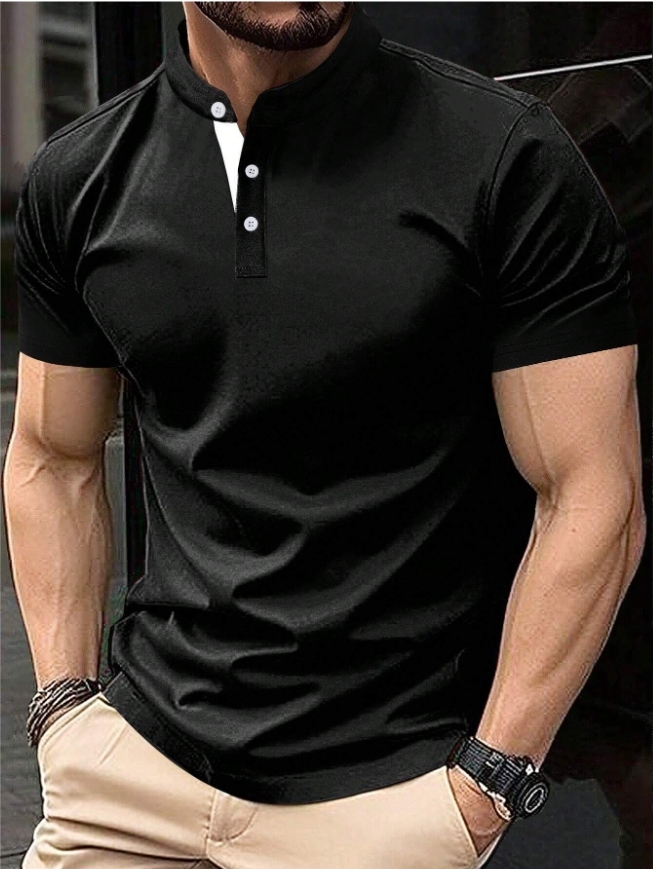 Men's Casual Solid Color Button Short-sleeved T-shirt