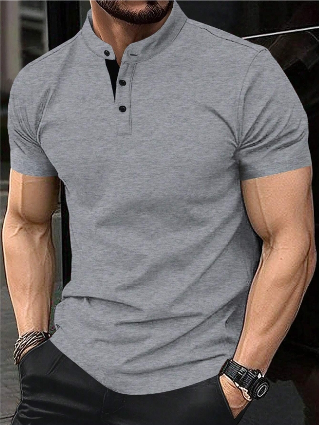 Men's Casual Solid Color Button Short-sleeved T-shirt